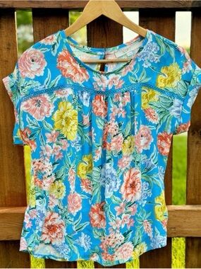 LOFT Colorful Floral Blue Blouse Top